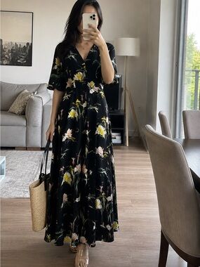 ZARA BASIC COLLECTION Black Floral Wrap-Style Maxi Dress Capsule Wardrobe